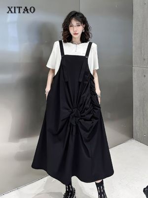 XITAO Slip Dress Black Folds Loose Fashion Temperament Sleeveless Women Dress