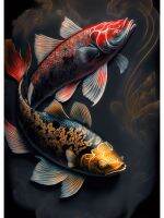 Luyameishop Gold &amp; Red Koi Fish Vintage Japanese Canvas Art - Modern Wall Poster For Living Room Home Decor