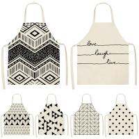 Black Geometric Printed Pattern Kitchen Sleeveless Aprons Cotton Linen Bibs  Household Women Cleaning   46493