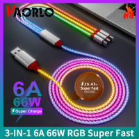 VAORLO 6A 66W 3-In-1ที่สายชาร์จแบบรวดเร็วแสงสะท้อน RGB แบบไล่ระดับสีชนิด C สายสามารถใส่ได้กับ iPhone ตัวชาร์จไลท์นิ่งขนาดเล็กสำหรับ Xiaomi Huawei