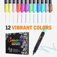 12 Colors Out Line Double Line Outline Pens Metallic Markers Dual Tip Nibs Permanent Marker Glitter Pens for Rock, DIY Craft