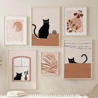 ❀ Boho Cat hitam daun bulan ilustrasi seni dinding lukisan kanvas poster Nordic dan cetakan Gambar Modern untuk dekorasi ruang tamu