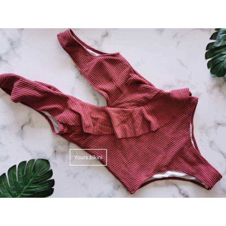 yours-bikini-bk1437-ชุดว่ายน้ำวันพีช-สีแดง-แต่งระบาย