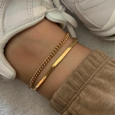 Classic Cuban Snake Flat Chain Women Anklet Stainless Steel Summer Beach Gold Color Foot Bracelet Anklet For Women Jewelry Gift