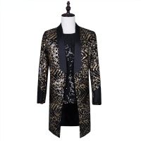 ❁♀❈ Luxury Leopard Sequin Blazer Jacket Men Shawl Collar Mens Long Glitter Suit Jacket Coat Party Dance Singer Prom Costume Homme