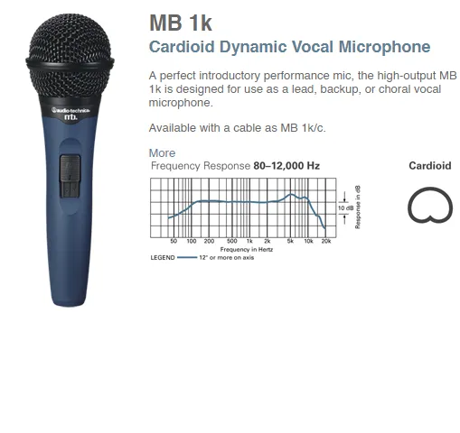 Audio Technica MB1K/C Cardioid Dynamic Microphone with 15-ft XLR