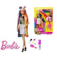 ตุ๊กตาผม Barbie สีรุ้งเป็นประกายด้วยผมบลอนด์ยาวซ่อนสีรุ้งประกายเจลหวีตุ๊กตาคริสต์มาสกวางเรนเดียร์อุปกรณ์ตกแต่งทรงผม