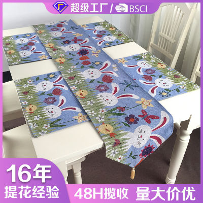 European Cute Blue Rabbit Table Runner Sample Factory Open Version Household Easter Tablecloth Jacquard Fabric Placemat Wholesale
