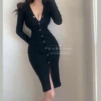 WOMENGAGA New Winter Elegant V-neck Button Slim Solid Color Long Sleeve Dress Autumn Slim Black Mature Lady Tops Korean 2WDG