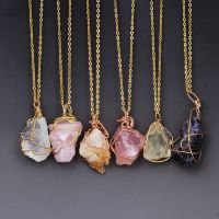 YYW 18inch Punk Irregular Natural Stone Crystal Rose Pendant Necklaces Gold-color Quartz Wire Wrapped Cristal Necklace Womens