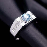 แหวนพลอยเพทายแท้(Blue Zircon)อัญมณีสีฟ้าน้ำทะเล ก้านแหวนประดับเพชรCZน้ำงาม ตัวเรือนเงินชุบทองคำขาว ไซส์นิ้ว 60 เบอร์9US สินค้ามีใบรับประกัน