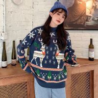 สเวตเตอร์คริสต์มาสผู้หญิง2022ฤดูหนาวใหม่หลวมใหม่ปีเสื้อผ้า MODE Korea Christmas Snowflake คอกลมเสื้อสเวตเตอร์เนื้อหนา