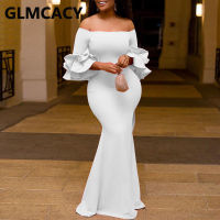 2021Women Solid Off Shoulder Formal Mermaid Dress Elegant Evening Party Robe Dresses