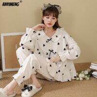 Victorian Ruffle White Hearts Printed Cotton Sleepwear Texture Cotton Spring Autumn Loose Size Kawaii Pajama Young Gril Pijamas