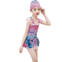 3-12 Years Girl Mermaid Swimsuit Children Beach Summer Straps Tulle Mini Dress with Swimming Cap Kids Pool Party Outfit Clothes