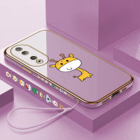 เคส Hpcase เคสสำหรับ Honor 90 5G 90 Lite 5G ฟรีสายคล้องลายการ์ตูนยีราฟขอบสี่เหลี่ยมเคสโทรศัพท์ชุบหรูหราเคสโทรศัพท์นิ่ม