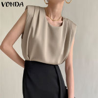 VONDA เสื้อจีบแขนกุดผู้หญิง,เสื้อยืดลำลองสีพื้นเสื้อกล้ามสไตล์เกาหลี