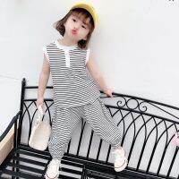 [COD] spring and summer suit 2023 new medium-sized childrens baby Korean version striped sleeveless upper harem