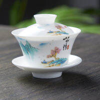 วาดมือสีขาวจีน Gaiwan ลูกพลับ Porcelain Tureen พร้อมถ้วยจานรอง Coaster ชามพร้อมฝาปิด Handpainted ถ้วยชาม