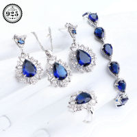 925 Silver Jewelry Sets Bridal Stones Earrings For Women celet Ring Wedding Jewelry Ladies Blue Zircon Pendant Necklace Set