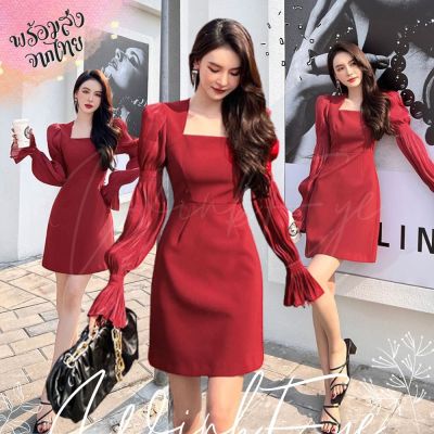 ชุดเดรสผู้หญิง เดรส ชุดเดรส dress เดรสผู้หญิง ชุดเดรสสวยๆหรู (Dress5-171)พร้อมส่งจากไทย Red Dress เดรสสีแดง Korea Style เดรสแขนยาว กระโปรง คอเหลี่ยม สวยมาก เดรสออกงาน ทำงาน
