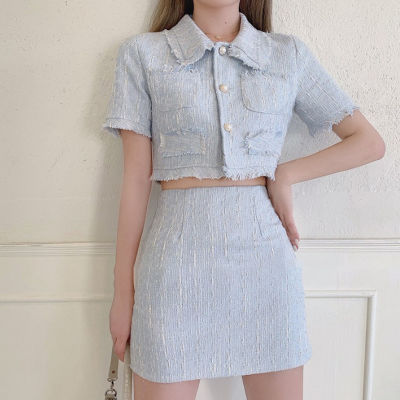 High Quality Female Elegant Skirt Suit  New Fashion Tweed Two Piece Set Women Crop Top Mini Skirt Set Two Piece Outfits