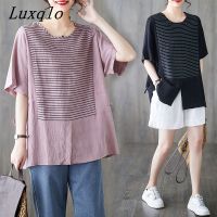 Luxqlo เสื้อยืดฝ้ายลินินขนาดใหญ่พิเศษสำหรับผู้หญิงคอกลมลายทางทรงหลวมลำลองแฟชั่นใหม่