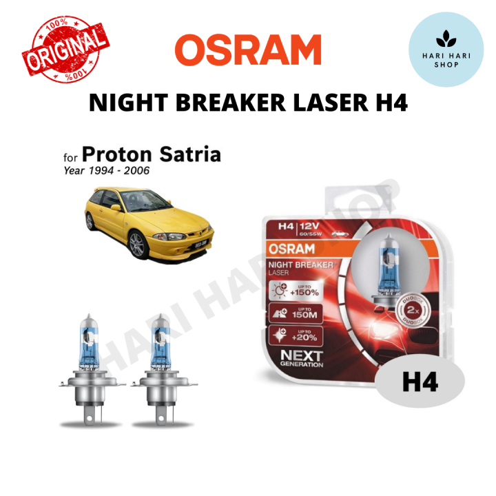 Original Osram Night Breaker Laser H4 Set (2 Bulbs) +150% Brightness (Next  Generation) for Proton Satria (Year 1994-2006)