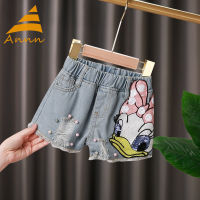 Annn Store Celana Pendek Denim เด็ก,กางเกงลำลองเด็กผู้หญิง,กางเกงเกาหลีหลวม,กางเกงลายการ์ตูนของเด็ก