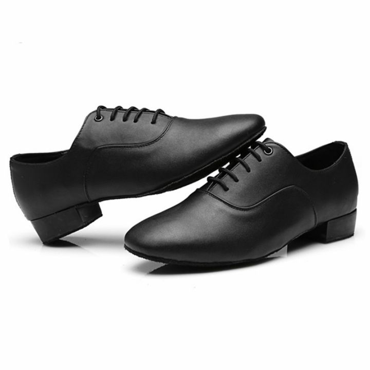รองเท้าเต้นรำผู้ชายทันสมัย-รองเท้าส้นเตี้ยสีดำเต้นละตินบอลรูมขาว2-5ซม-พื้นรองเท้าทำจากหนังกลับแบบนิ่มซัลซ่า