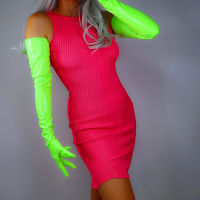 LATEX GLOVES Female Extra Long 70cm Faux Leather Fluorescent Green Was Slim Patent Leather Women Gloves WPU348