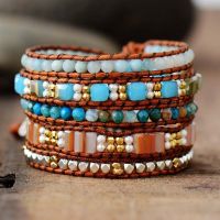 วินเทจ5เส้นหนังสร้อยข้อมือคริสตัลสร้อยข้อมือหินธรรมชาติหลายชั้น Boho เครื่องประดับสายข้อมือถัก Dropshipping