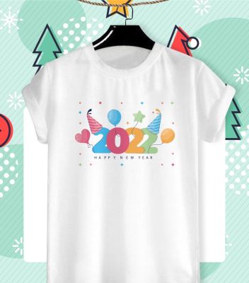 เสื้อยืดลายปีใหม่ Happy New Year &amp; Merry Christmas 2022 ลายน่ารักๆ ผ้า TK ใส่สบาย สีสันสดใส ไม่ยืดไม่ย้วย