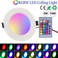 5W 10W สีอาร์จีบีที่มีสีสันควบคุมระยะไกลไฟดาวน์ไลท์ LED บ้านโคมไฟกลมติดเพดานหรี่แสงได้โคมไฟเครื่องประดับตกแต่งภายในไฟสปอตไลท์ RGBW ไฟเพดาน