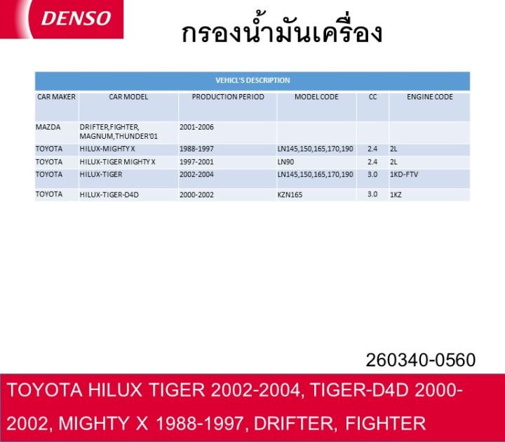 กรองน้ำมันเครื่องเด็นโซ่-260340-0560-สำหรับ-toyota-hilux-tiger-2002-2004-tiger-d4d-2000-2002-mighty-x-1988-1997