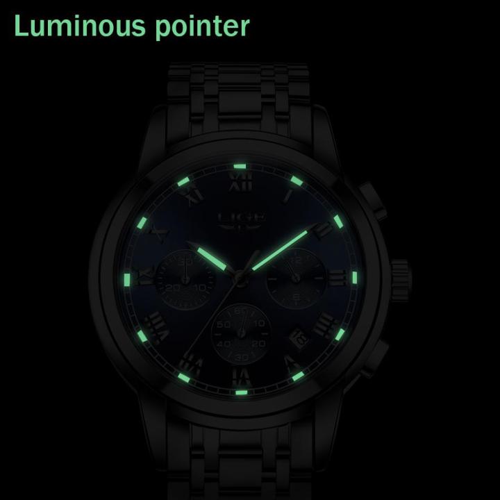 นาฬิกาข้อมือควอตซ์แอนะล็อกกันน้ำสแตนเลสชายนาฬิกาลีเกอนาฬิกาแฟชั่นโครโนกราฟปฏิทินอัตโนมัติ