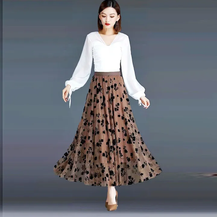 Korean Style Chiffon Floral Pleated Maxi Long Skirts Womens Elastic