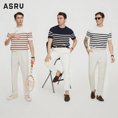 ASRV เสื้อยืดผู้ชาย เสื้อผ้าผู้ชาย t shirt for men เสื้อยืดถักลายทางผู้ชายคอกลมแขนสั้นแบบหลวมเสื้อลำลองธุรกิจ