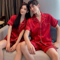 Plus Size M-5XL Couples Silk Satin Pyjamas Set Women Male Short sleeve Sleepwear Female Men Pajamas Suit Buja Tidur