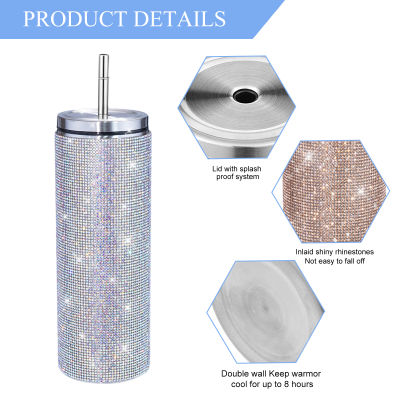Stainless Steel Sparkling Diamond Straw Cups Leak-proof 600ml Flash Diamond Coffee Mug Hot And Cold Thermos Cup for Outdoor Sports Travel
