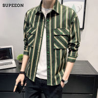 SUPEEON丨เสื้อเชิ้ตลำลองลายทางหลวมแขนยาวสามารถวางทับบนเสื้อผู้ชายได้