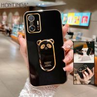 Hontinga ปลอกเคสสำหรับ Xiaomi MI 11T Pro 11T MI 11 Lite 5G NE 11 Lite 11 Lite 5G เคสพร้อมขาตั้งแบบพับได้ Panda แฟชั่นสีทึบหรูหรา Chrome Soft TPU Square เคสโทรศัพท์ Full ฝาครอบป้องกันกล้องปลอกป้องกัน Gores เคสยาง