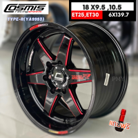 ล้อแม็กขอบ 18x9.5 ET+25, 18x10.5 ET+30 6H139.7 CB106? ยี่ห้อ Cosmis รุ่น TYPE-R(YA9993) สีดำทั้งวง+ข้างก้านแดง ?(ราคาต่อ1วง)? ขายยกชุด4วง รับประกันโครงสร้าง 6ปี