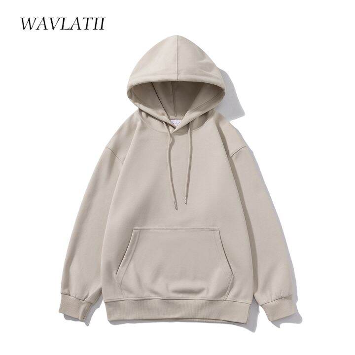 wavlatii-เสื้อฮู้ดผู้หญิงโอเวอร์ไซส์-เสื้อมีฮู้ดเสื้อแนวสตรีทโอเวอร์ไซส์สีกากีสีขาวทึบผ้าฝ้ายลำลองเสื้อ-wh2276แบบสปอร์ต