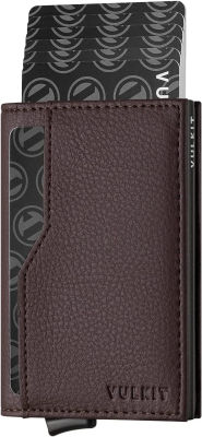VULKIT Card Holder with ID Window Pop Up Cards Slim Leather Wallet RFID Protection Up to 12 Cards Card Case Dark Brown