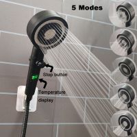 Temperature Digit Display Shower Head 5 Modes One Key Stop Handheld Shower High Pressure Water Saving Filter Bathroom Showerhead