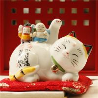 (Gold Seller) 5.3 Inch Japanese Lucky Cat Ceramic Maneki Neko Ornament Fortune Cat Money Box Home Decoration Cute Kitten Figure Coin Bank