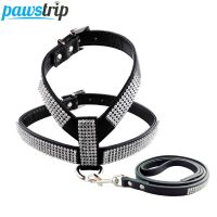 pawstrip 4 Colors PU Leather Dog Harness Leash Lead Bling Rhinestone Dog Leash Harness Vest For Small Puppies XS-L