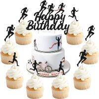 Sursursurprise Marathon เค้กวันเกิดแฮปปี้ Topper, Cross Country Running Themed Birthday Decorations For Men With Runners Cupcake Toppers Black