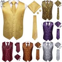 Hi-Tie Vintage Silk Mens Suit Vests Paisley Floral Jacquard 4PC Waistcoat Tie Hanky Cufflinks Set Waist Jacket Wedding Business